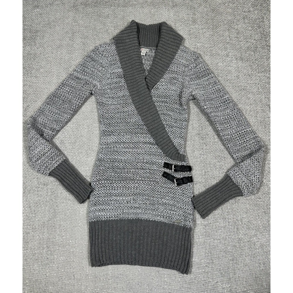 Y2K Guess Sweater Womens XS Gray Shawl Collar Buckle Fitted Pullover